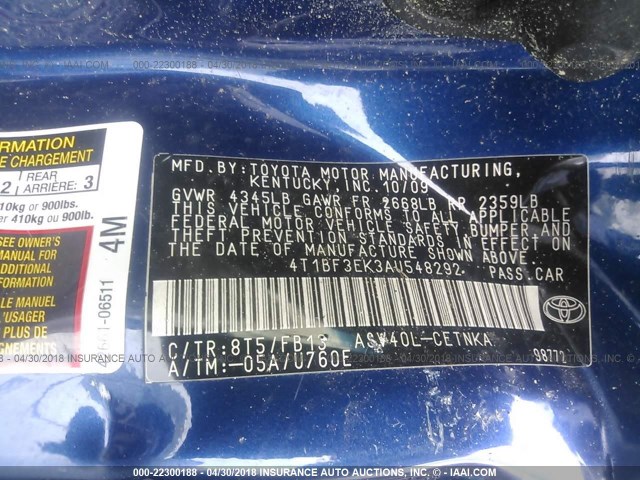 4T1BF3EK3AU548292 - 2010 TOYOTA CAMRY SE/LE/XLE BLUE photo 9