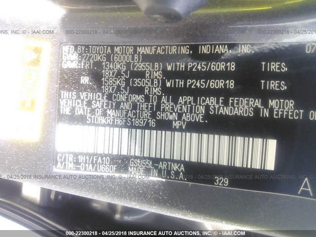 5TDBKRFH6FS189716 - 2015 TOYOTA HIGHLANDER LE/LE PLUS GRAY photo 9