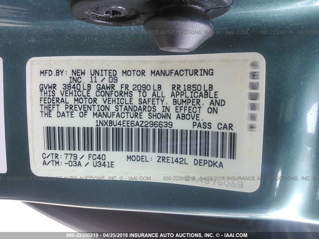 1NXBU4EE6AZ296639 - 2010 TOYOTA COROLLA S/LE/XLE TEAL photo 9