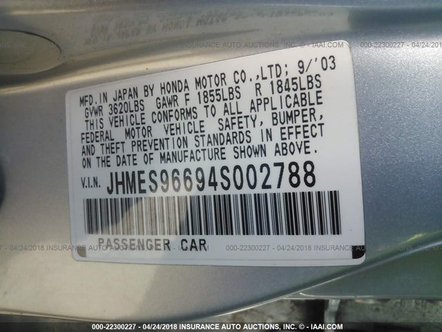 JHMES96694S002788 - 2004 HONDA CIVIC HYBRID Light Blue photo 9