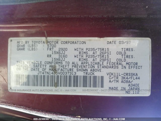 JT4TN14D5V0037313 - 1997 TOYOTA T100 XTRACAB SR5 BURGUNDY photo 9