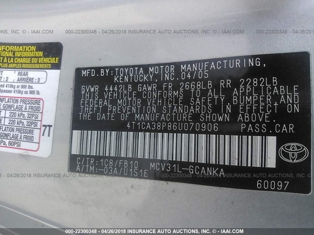 4T1CA38P86U070906 - 2006 TOYOTA CAMRY SOLARA SE/SLE ვერცხლისფერი ფოტო 9