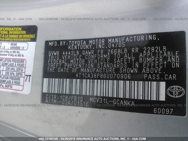 4T1CA38P86U070906 - 2006 TOYOTA CAMRY SOLARA SE/SLE SILVER photo 9