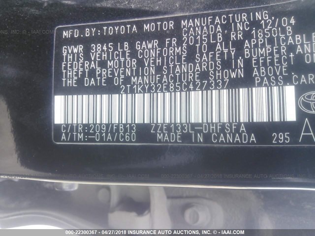 2T1KY32E85C427337 - 2005 TOYOTA COROLLA MATRIX XRS BLACK photo 9