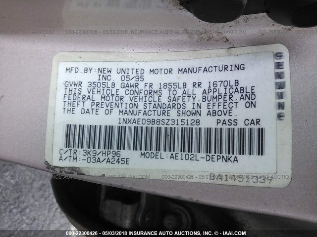 1NXAE09B8SZ315128 - 1995 TOYOTA COROLLA LE/DX 金色 照片 9