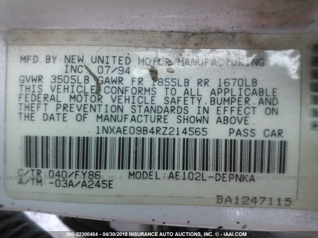 1NXAE09B4RZ214565 - 1994 TOYOTA COROLLA LE/DX თეთრი ფოტო 9