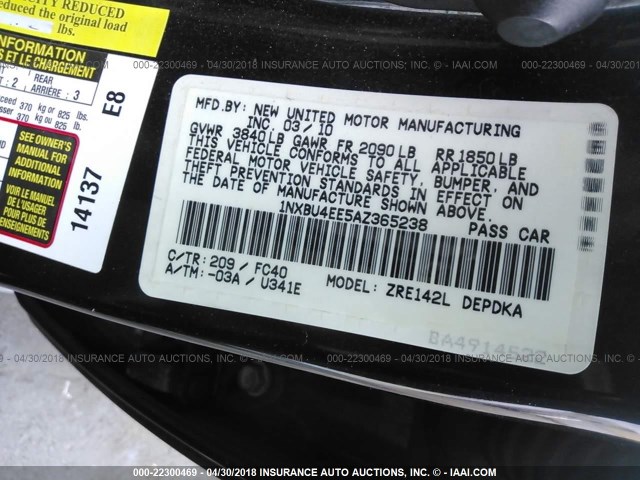 1NXBU4EE5AZ365238 - 2010 TOYOTA COROLLA S/LE/XLE BLACK photo 9