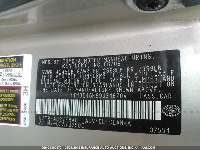 4T1BE46K99U316704 - 2009 TOYOTA CAMRY SE/LE/XLE 金色 照片 9