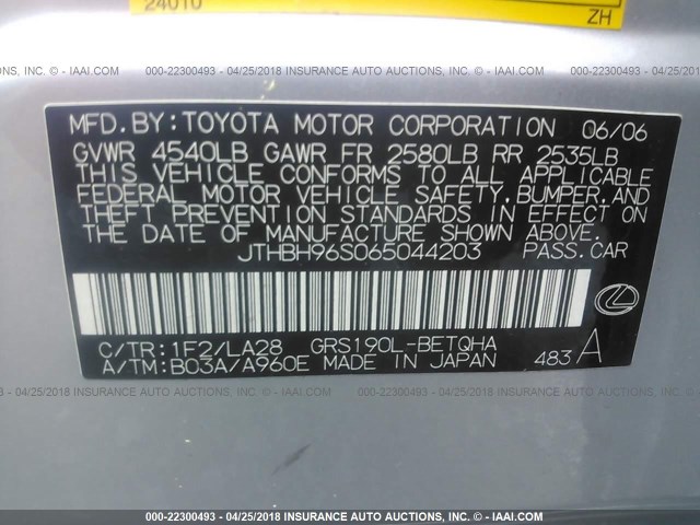 JTHBH96S065044203 - 2006 LEXUS GS GENERATION 200 300 SILVER photo 9