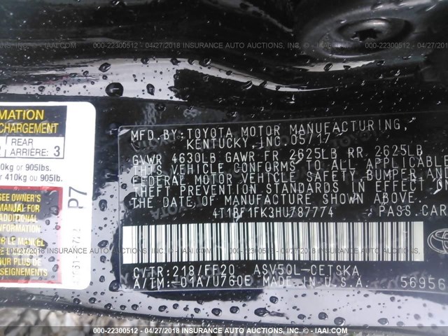 4T1BF1FK3HU787774 - 2017 TOYOTA CAMRY LE/XLE/SE/XSE შავი ფოტო 9