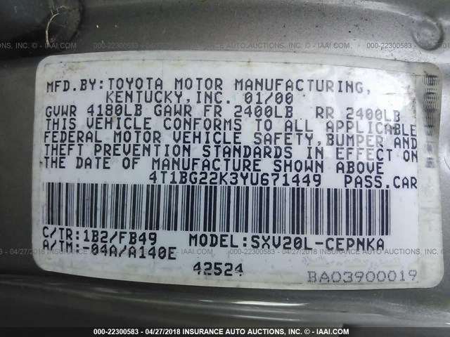 4T1BG22K3YU671449 - 2000 TOYOTA CAMRY CE/LE/XLE 棕色 照片 9