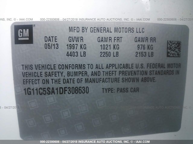 1G11C5SA1DF308630 - 2013 CHEVROLET MALIBU 1LT 白色 照片 9