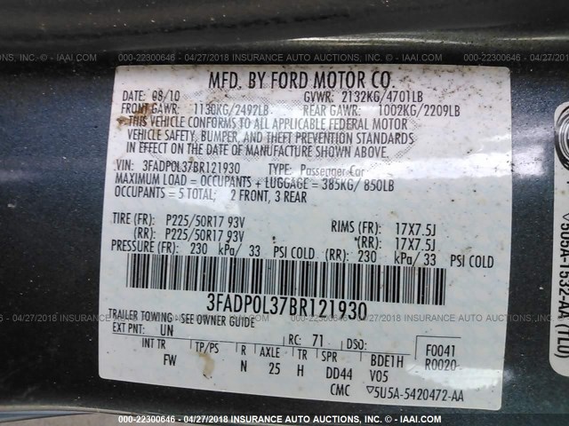 3FADP0L37BR121930 - 2011 FORD FUSION HYBRID BLUE photo 9