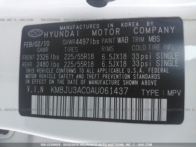 KM8JU3AC0AU061437 - 2010 HYUNDAI TUCSON GLS/LIMITED 白色 照片 9