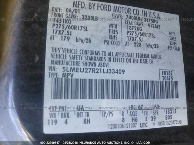 5LMEU27R21LJ33409 - 2001 LINCOLN NAVIGATOR 黑色 照片 9