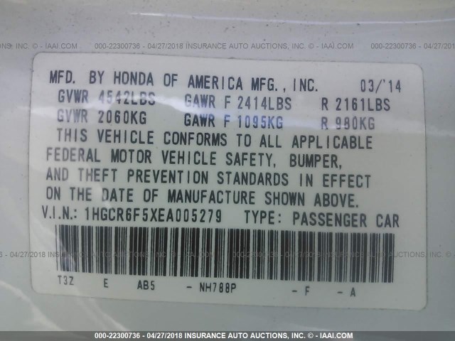 1HGCR6F5XEA005279 - 2014 HONDA ACCORD HYBRID/EXL WHITE photo 9