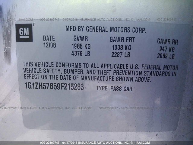 1G1ZH57B59F215283 - 2009 CHEVROLET MALIBU 1LT 银色 照片 9