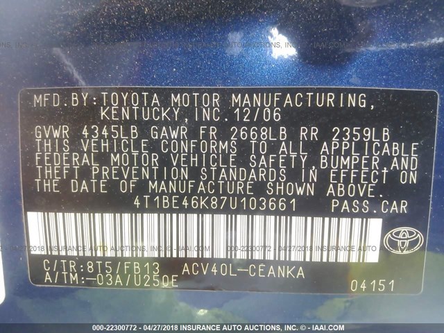 4T1BE46K87U103661 - 2007 TOYOTA CAMRY NEW GENERAT CE/LE/XLE/SE BLUE photo 9