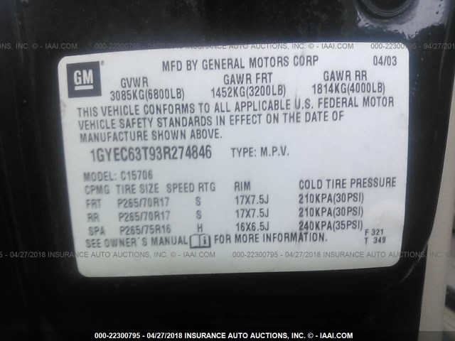 1GYEC63T93R274846 - 2003 CADILLAC ESCALADE LUXURY Qara foto 9