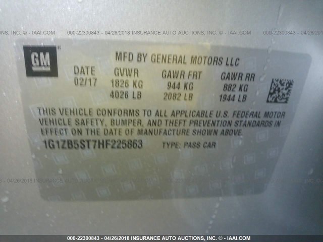 1G1ZB5ST7HF225863 - 2017 CHEVROLET MALIBU LS 银色 照片 9