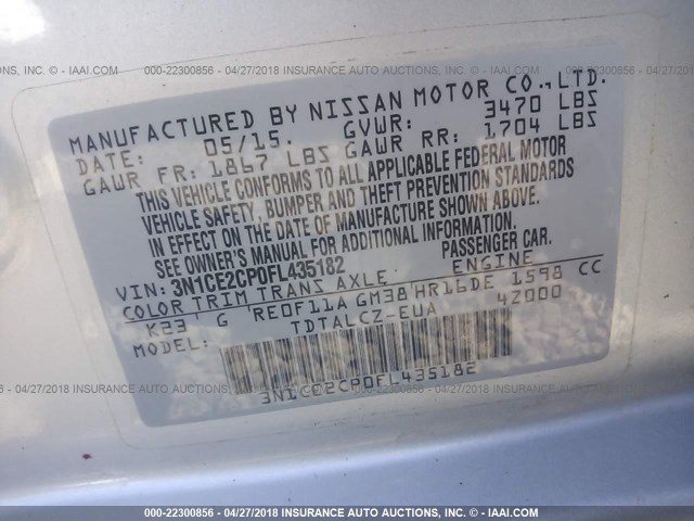 3N1CE2CP0FL435182 - 2015 NISSAN VERSA NOTE S/S PLUS/SV/SL/SR SILVER photo 9