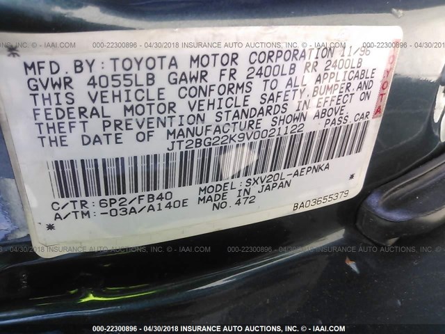 JT2BG22K9V0021122 - 1997 TOYOTA CAMRY LE/XLE Yaşıl foto 9