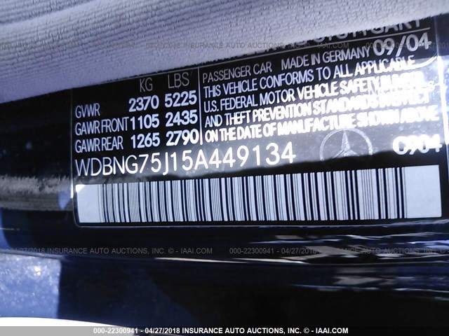 WDBNG75J15A449134 - 2005 MERCEDES-BENZ S 500 Dark Blue photo 9
