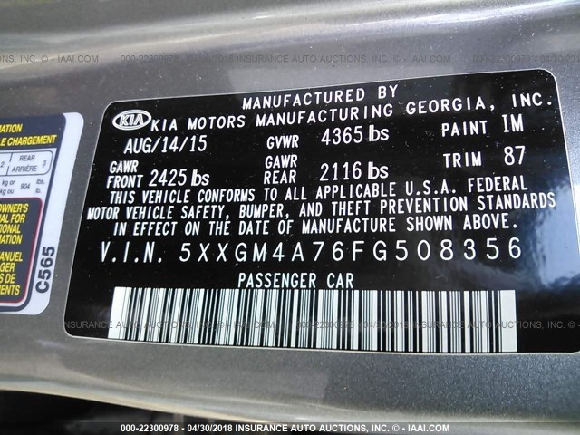 5XXGM4A76FG508356 - 2015 KIA OPTIMA LX GRAY photo 9