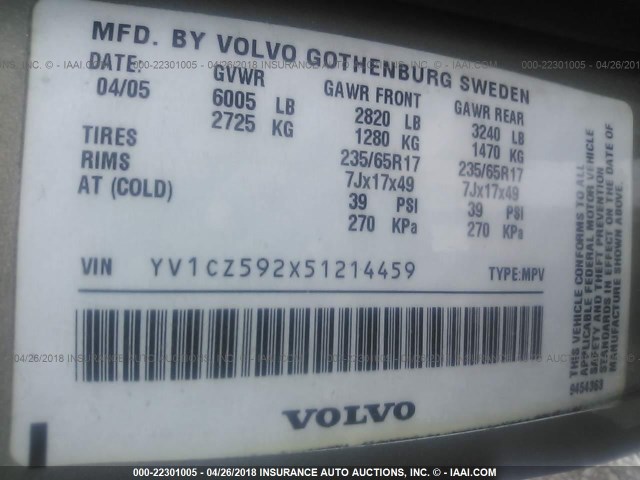 YV1CZ592X51214459 - 2005 VOLVO XC90 GOLD photo 9