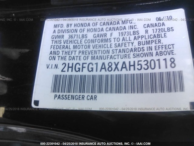 2HGFG1A8XAH530118 - 2010 HONDA CIVIC EX BLACK photo 9