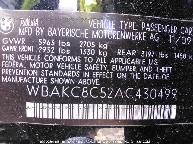 WBAKC8C52AC430499 - 2010 BMW 750 LI/XDRIVE BLACK photo 9