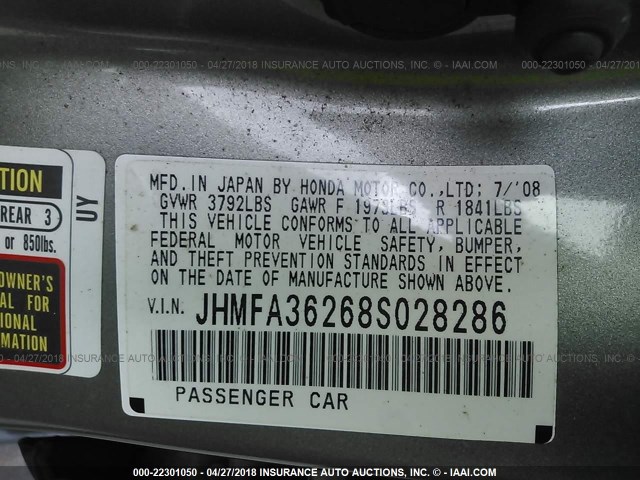 JHMFA36268S028286 - 2008 HONDA CIVIC HYBRID GRAY photo 9