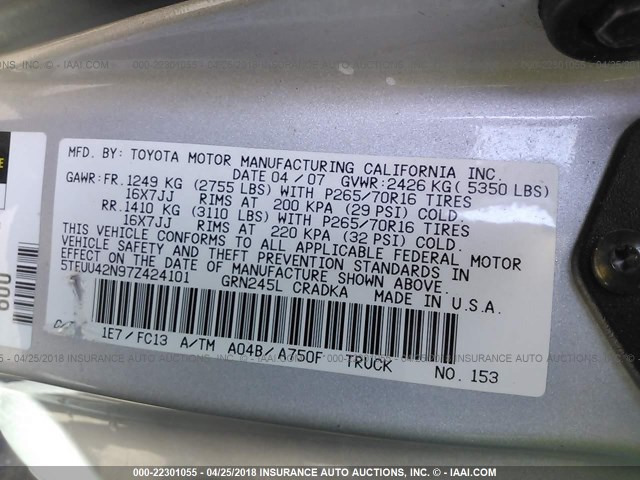 5TEUU42N97Z424101 - 2007 TOYOTA TACOMA ACCESS CAB Күміс фото 9