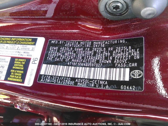 4T1BF1FK4GU597027 - 2016 TOYOTA CAMRY LE/XLE/SE/XSE 勃艮第红 照片 9