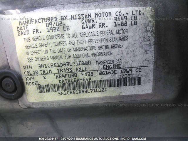 3N1CB51D83L710120 - 2003 NISSAN SENTRA XE/GXE GRAY photo 9