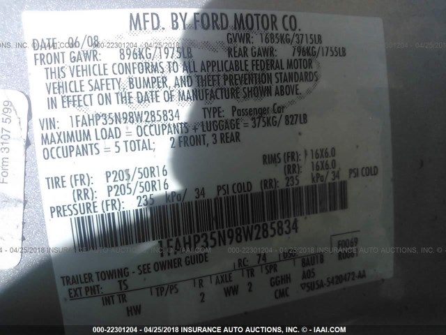 1FAHP35N98W285834 - 2008 FORD FOCUS SE/SEL/SES SILVER photo 9