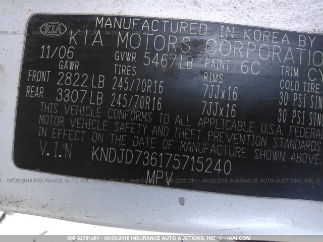 KNDJD736175715240 - 2007 KIA SORENTO EX/LX SILVER photo 9