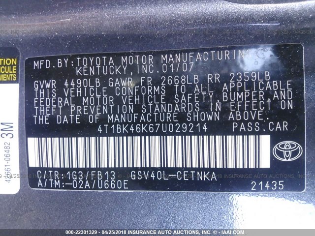 4T1BK46K67U029214 - 2007 TOYOTA CAMRY NEW GENERAT LE/XLE/SE GRAY photo 9