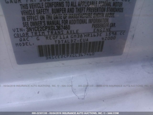 3N1CE2CPXGL367460 - 2016 NISSAN VERSA NOTE S/S PLUS/SV/SL/SR WHITE photo 9