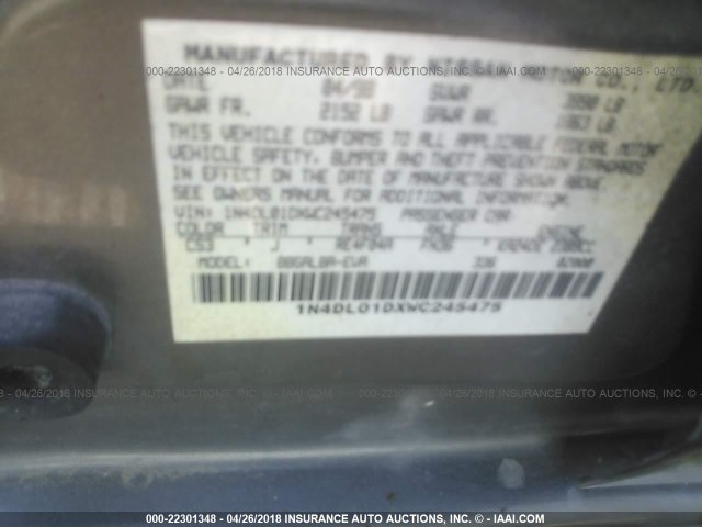 1N4DL01DXWC245475 - 1998 NISSAN ALTIMA XE/GXE/SE/GLE BEIGE photo 9