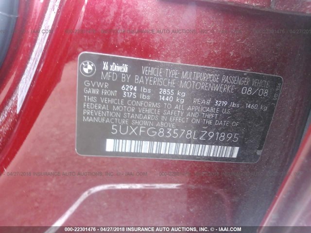 5UXFG83578LZ91895 - 2008 BMW X6 XDRIVE50I RED photo 9