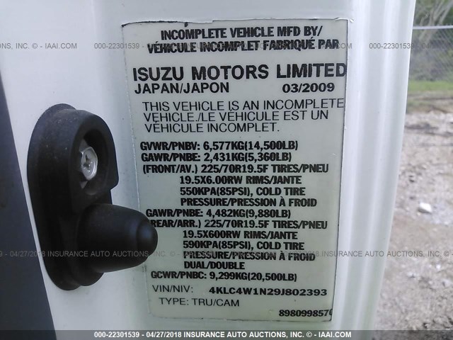 4KLC4W1N29J802393 - 2009 ISUZU NPR WHITE photo 10