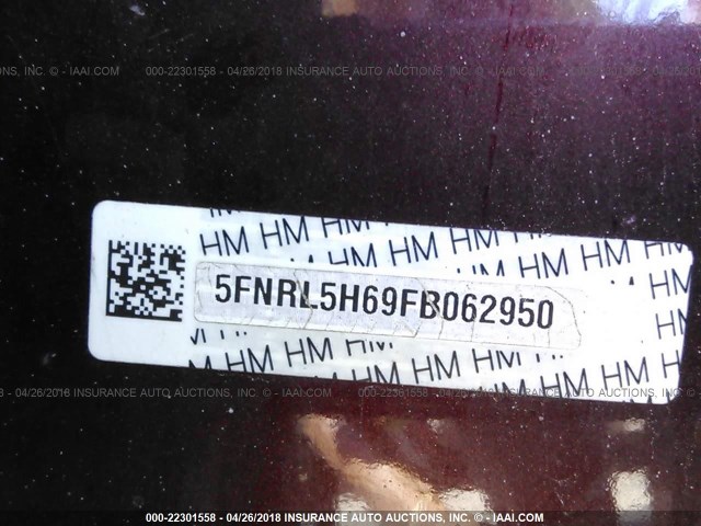 5FNRL5H69FB062950 - 2015 HONDA ODYSSEY EXL MAROON photo 9