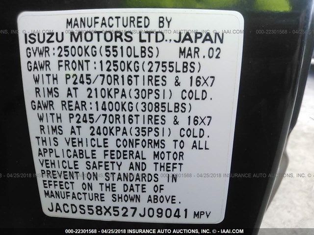 JACDS58X527J09041 - 2002 ISUZU TROOPER S/LS/LIMITED 绿色 照片 9