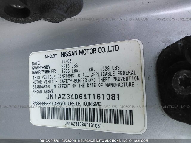 JN1AZ34D64T161081 - 2004 NISSAN 350Z COUPE SILVER photo 9