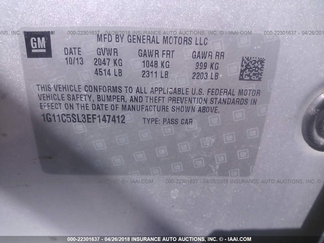 1G11C5SL3EF147412 - 2014 CHEVROLET MALIBU 1LT 银色 照片 9