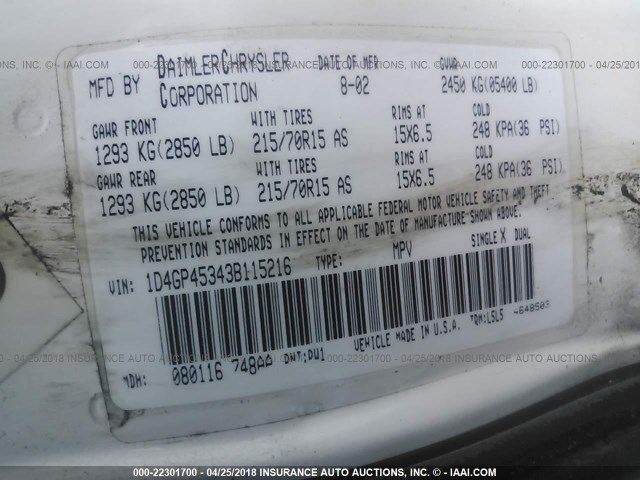 1D4GP45343B115216 - 2003 DODGE CARAVAN SPORT WHITE photo 9