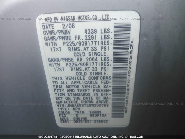 JN8AS58T28W300789 - 2008 NISSAN ROGUE S/SL SILVER photo 9