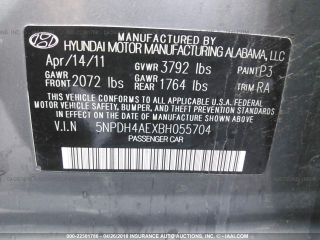 5NPDH4AEXBH055704 - 2011 HYUNDAI ELANTRA GLS/LIMITED GRAY photo 9