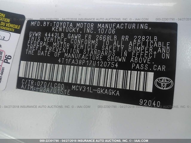 4T1FA38P17U120754 - 2007 TOYOTA CAMRY SOLARA SE/SLE თეთრი ფოტო 9